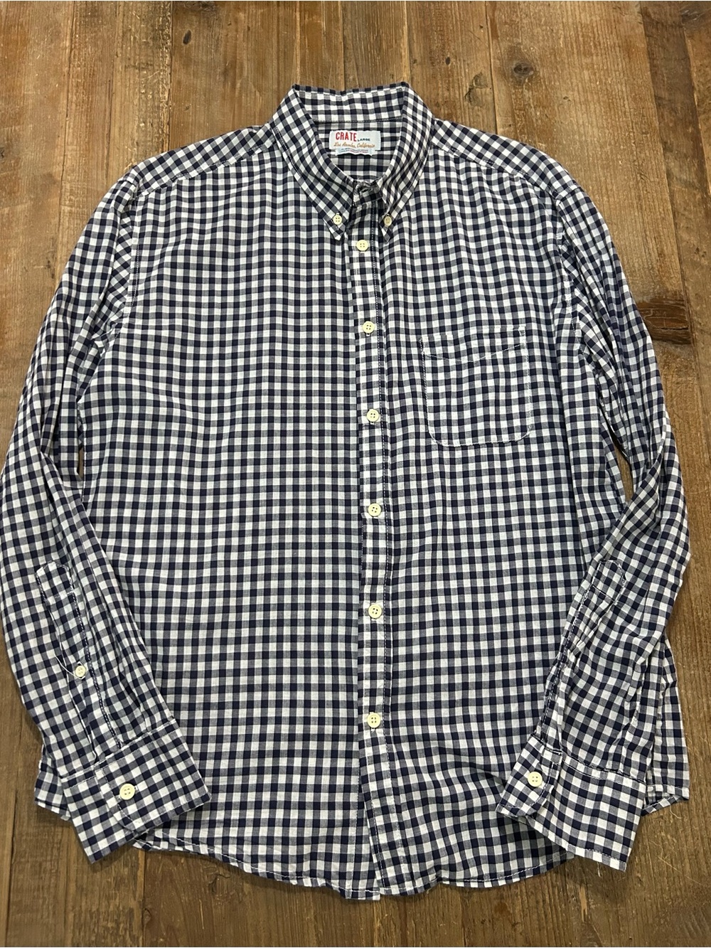 CRATE Men's Navy Check Button-Down Shirt Gingham 100% Cotton Shirt Large